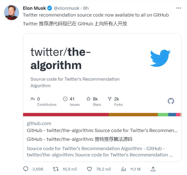 马斯克领导下的 Twitter 将推荐算法源代码开源并发布在 GitHub插图